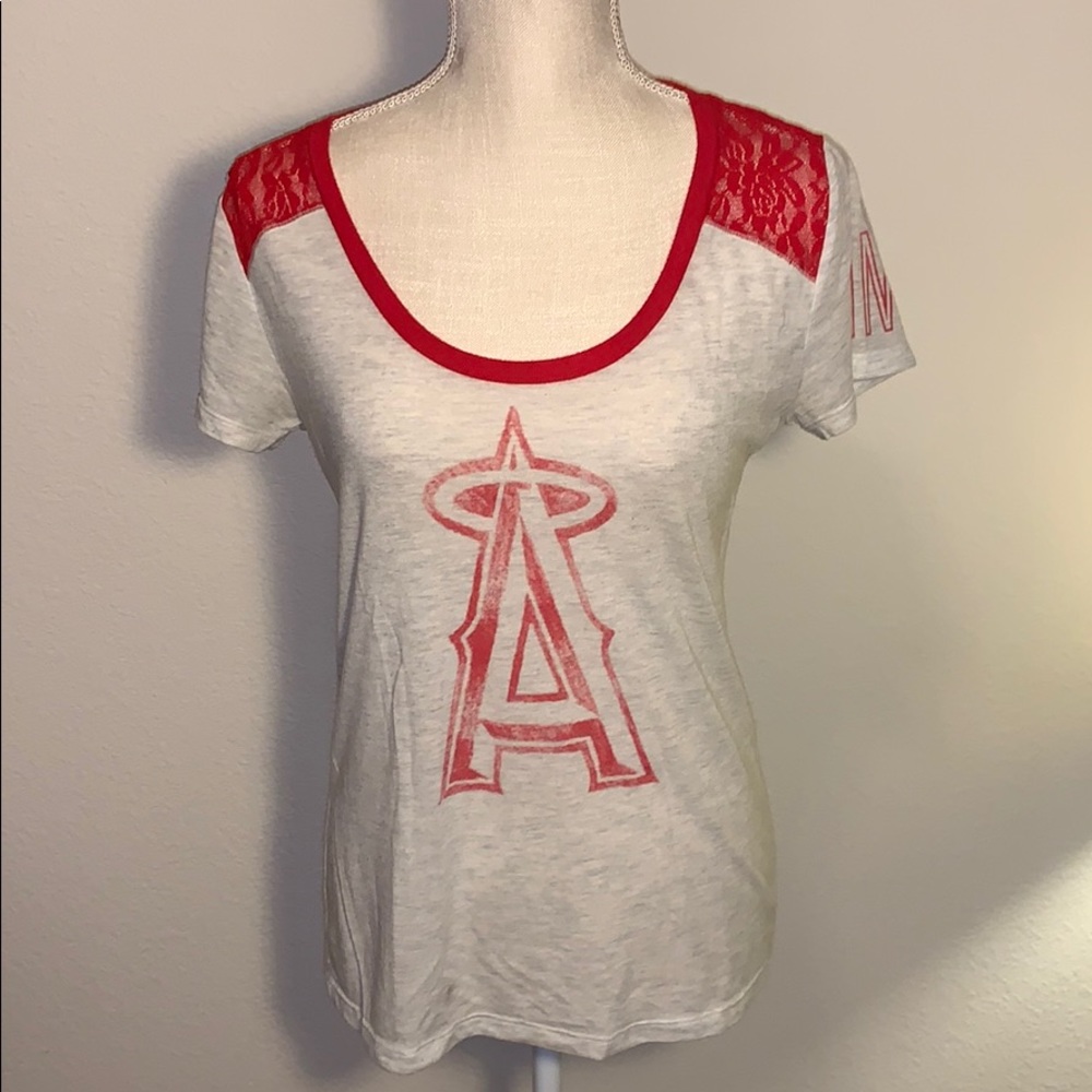 PINK Victoria's Secret Gray and Red Lace Top